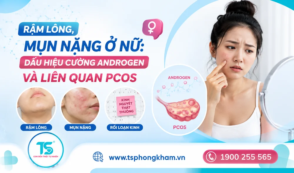 Rậm lông, mụn nặng ở nữ: dấu hiệu cường androgen và liên quan PCOS